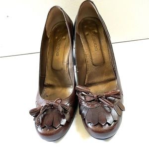 Shiny light brown real leather loafers with tassel & bow comfy block heels US9.5